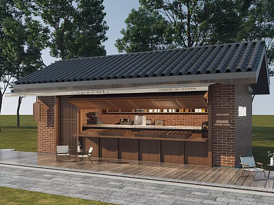 Commercial Street Shop With Black Tiled Roof Red Brick Structure Wooden Counter Chairs And Trees 3d model
