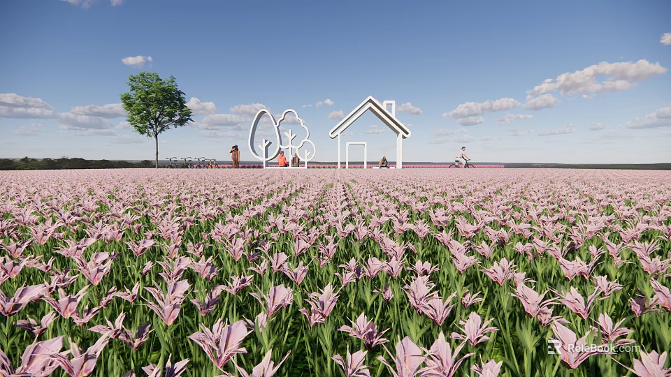 Scenic Post Station Amid Pink Flower Field Featuring White Building Tree Sculptures And Blue Sky 3d model 