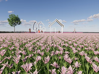 Scenic Post Station Amid Pink Flower Field Featuring White Building Tree Sculptures And Blue Sky 3d model