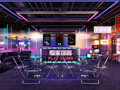 Indoor Playground With Neon Lights Colorful Screens And Modern Chairs Design 3d model