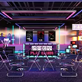 Indoor Playground With Neon Lights Colorful Screens And Modern Chairs Design