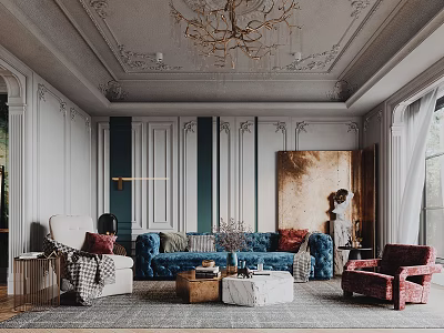 Elegant Living Room Interior With Gold Chandelier Blue Sofa Red Armchair And Green Panel Walls 3d model