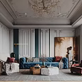 Elegant Living Room Interior With Gold Chandelier Blue Sofa Red Armchair And Green Panel Walls