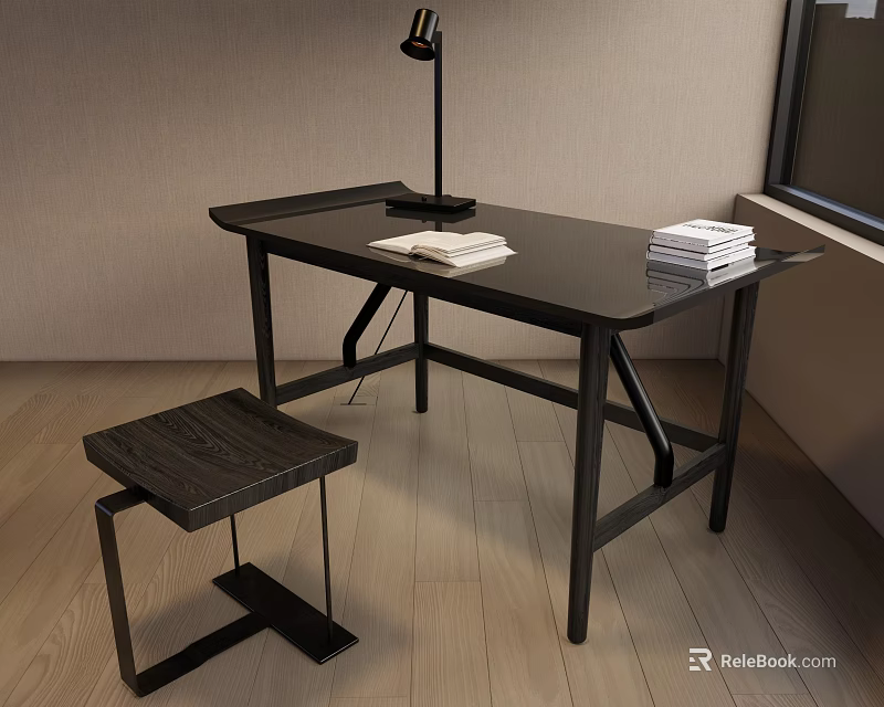 Black Desk With Table Lamp Books And Stool Near Window On Wooden Floor 3d model 