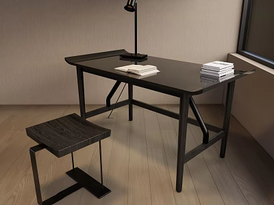 Black Desk With Table Lamp Books And Stool Near Window On Wooden Floor 3d model