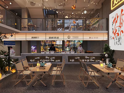 Modern Bar Interior Design With Wooden Tables Chairs And Hanging Lights 3d model