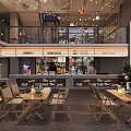 Modern Bar Interior Design With Wooden Tables Chairs And Hanging Lights