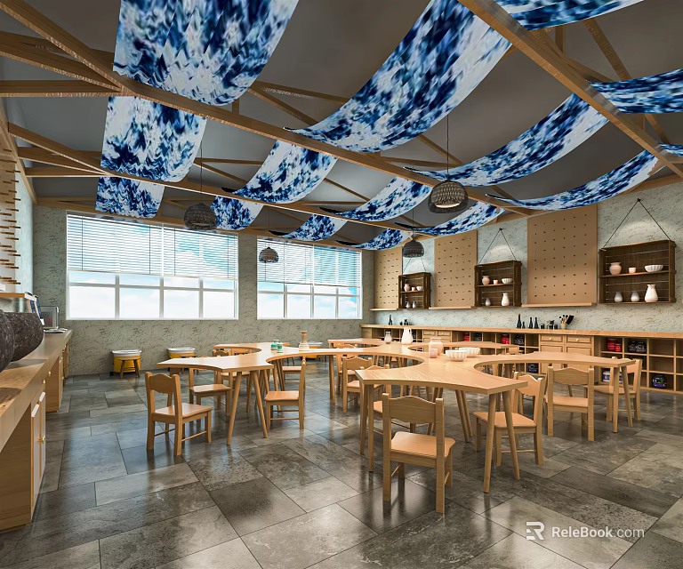 School Dining Hall With Blue And White Decorated Ceiling Wooden Tables And Large Windows 3d model 