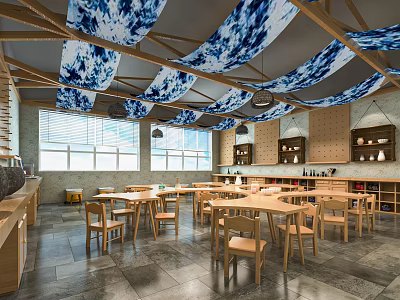 School Dining Hall With Blue And White Decorated Ceiling Wooden Tables And Large Windows 3d model