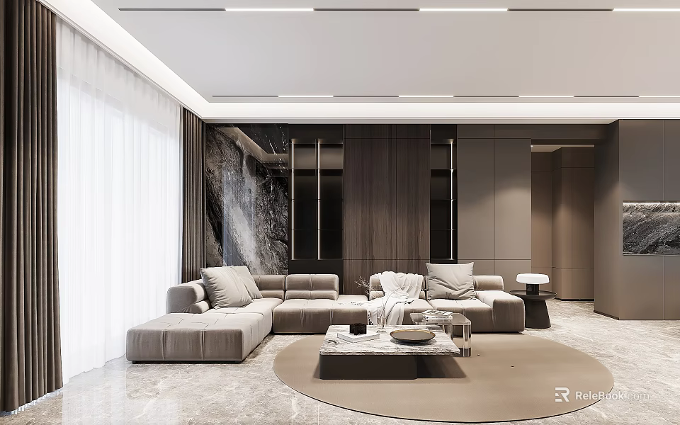 Modern Living Dining Room Interior With Grey Sofa Round Coffee Table And Marble Feature Wall 3d model