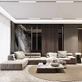 Modern Living Dining Room Interior With Grey Sofa Round Coffee Table And Marble Feature Wall 3d model