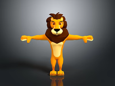 3D Cartoon Lion Character With Open Arms Yellow Body Brown Mane Gray Background Reflection 3d model