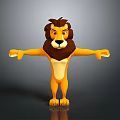3D Cartoon Lion Character With Open Arms Yellow Body Brown Mane Gray Background Reflection