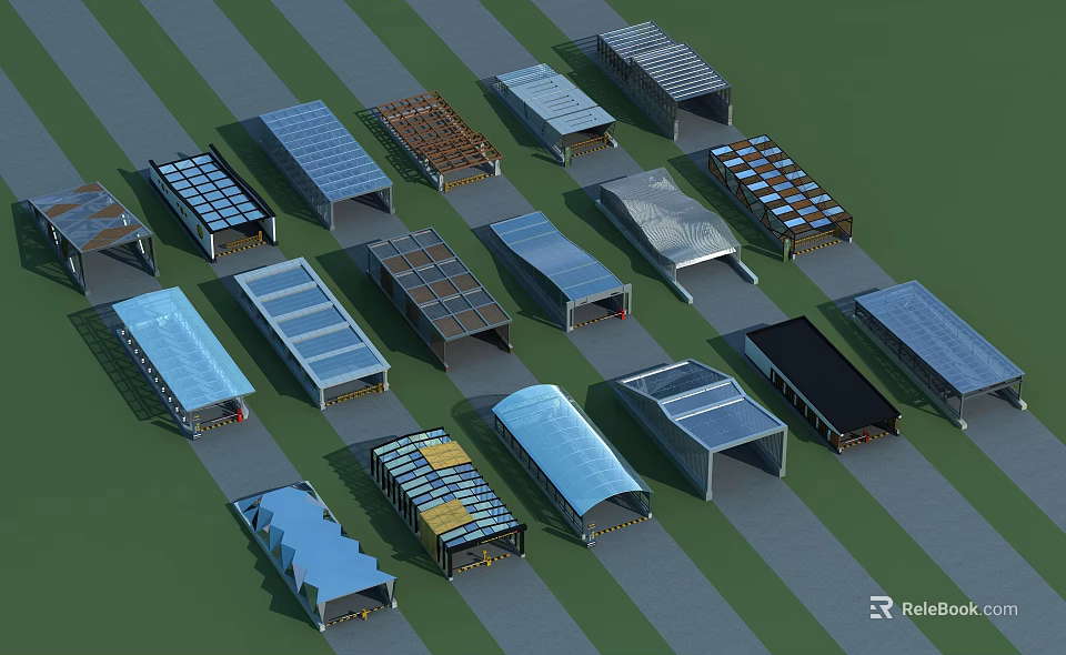 Diverse Road Facilities Featuring Different Roof Designs And Structural Variations 3d model
