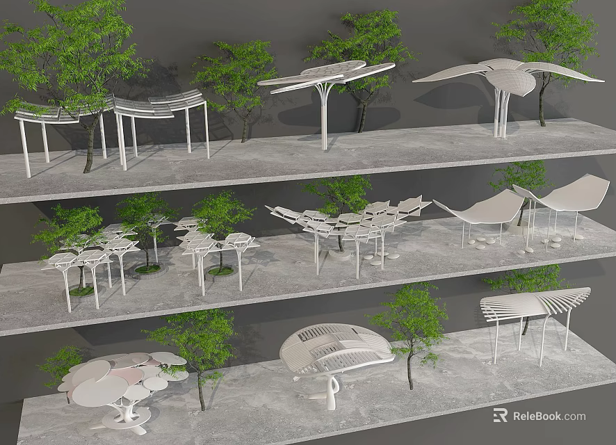 Various Outdoor Pergola Designs With Green Trees And Modern Structures 3d model 