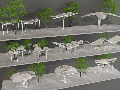 Various Outdoor Pergola Designs With Green Trees And Modern Structures 3d model