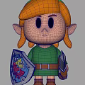 Cartoon Style Toy Figure With Orange Hair Large Ears Green Outfit Shield And Sword