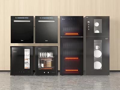 Modern Black Kitchen Appliances With Various Types And Glass Door Features 3d model