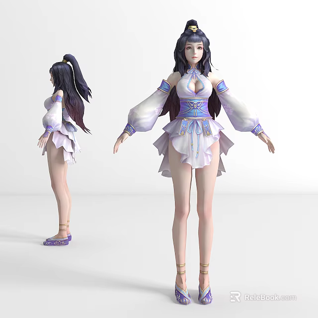 Game Movie Character With Long Hair In Traditional White Purple Outfit Flowing Sleeves 3d model 