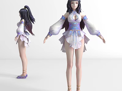 Game Movie Character With Long Hair In Traditional White Purple Outfit Flowing Sleeves 3d model