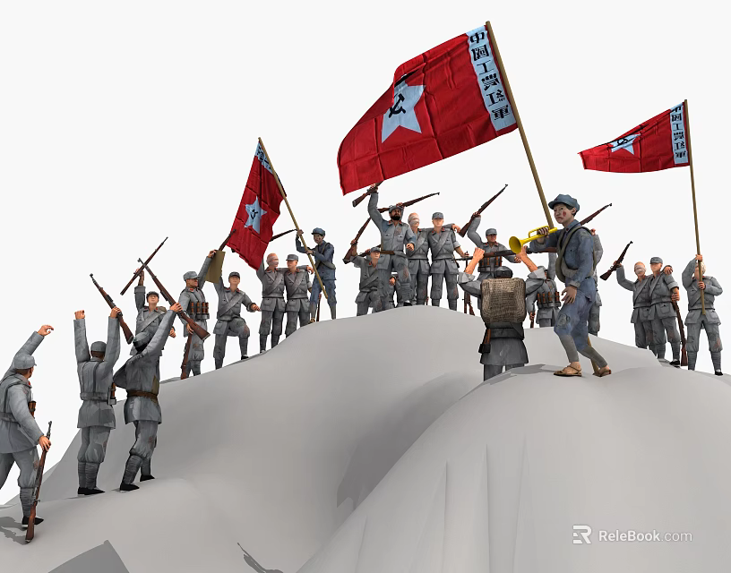 Soldiers In Gray Military Uniforms Holding Rifles Carrying Red Flags With White Stars On Hill 3d model 