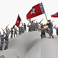 Soldiers In Gray Military Uniforms Holding Rifles Carrying Red Flags With White Stars On Hill