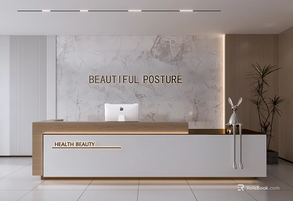 Modern Health Beauty Reception Desk with Marble Wall Backdrop and Potted Plant Decoration 3d model 