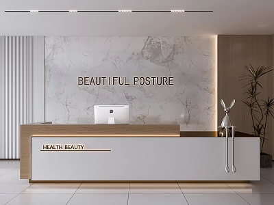 Modern Health Beauty Reception Desk with Marble Wall Backdrop and Potted Plant Decoration 3d model