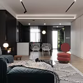 Modern Living Dining Room Interior With Black Countertop White Chairs Round Pendant Lights And Fireplace