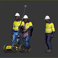 Construction Workers In Yellow Safety Vests Pushing Surveying Equipment With White Hard Hats