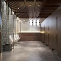 Public Restroom Design With Men's Urinals Stone Walls And Metal Partitions