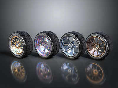 Stylish Car Alloy Wheels With Colorful Rims And Shiny Reflective Design On Black Background 3d model