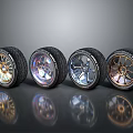 Stylish Car Alloy Wheels With Colorful Rims And Shiny Reflective Design On Black Background