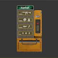 Orange Commercial Vending Machine with Green Market Sign and Multiple Product Slots