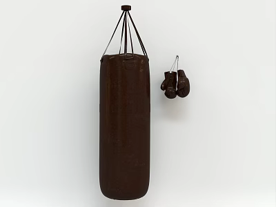 Hanging Brown Punching Bag and Boxing Gloves as Essential Sports Equipment for Fitness Training 3d model