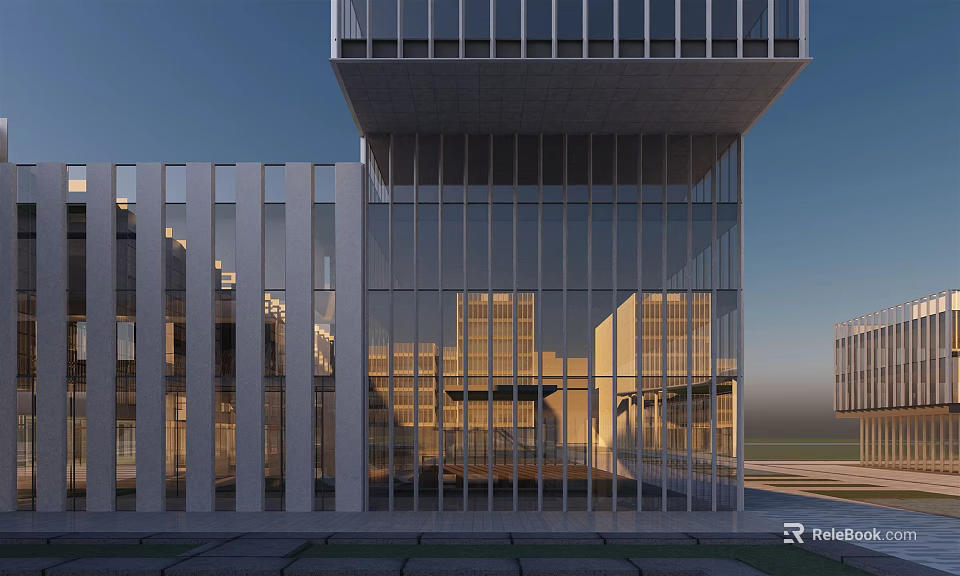 Modern Office Building Exterior With Glass Curtain Wall Steel Structure And Evening Illuminated Windows 3d model 