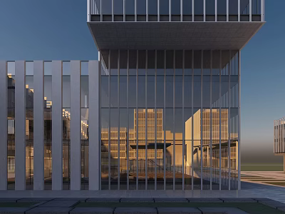 Modern Office Building Exterior With Glass Curtain Wall Steel Structure And Evening Illuminated Windows 3d model