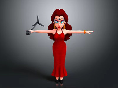 Cartoon Female Character In Red Dress With Red Hair Holding Camera And Fan 3d model