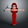 Cartoon Female Character In Red Dress With Red Hair Holding Camera And Fan