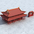 Traditional Ancient Chinese Architecture With Red Orange Roof Eaves And Wooden Pillars