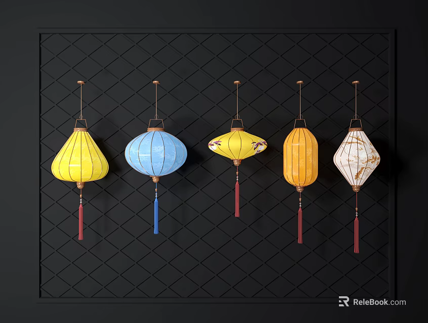 Five Lanterns of Various Colors and Shapes Hanging On Black Grid Background 3d model 