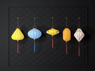 Five Lanterns of Various Colors and Shapes Hanging On Black Grid Background 3d model