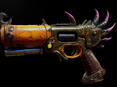 Unique Decorative Weapon Design Featuring Orange Body Purple Spikes and Intricate Metal Details 3d model