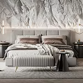 Modern Bedroom Design Featuring Marble Accent Wall Large Bed Nightstands And Built in Wardrobes
