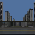 Modern Entrance Gate With High Rise Buildings Symmetrical Design Marble Facade And Spacious Driveway