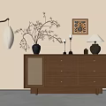Wooden Entryway Side Cabinet With Drawers Decorative Vases Lamps And Wall Art