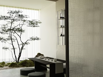 Tranquil Zen Tea Room Interior With Bonsai Tree And Wooden Table Setup 3d model
