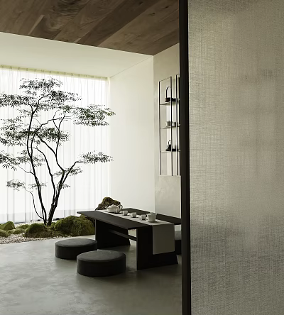 Tranquil Zen Tea Room Interior With Bonsai Tree And Wooden Table Setup 3d model