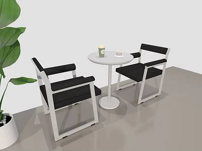 Modern Table And Chair Set With White Round Table Black White Chairs And Green Plant 3d model