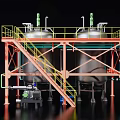 Industrial Storage Tanks With Metal Framework Staircases Pipes And Top Fixtures